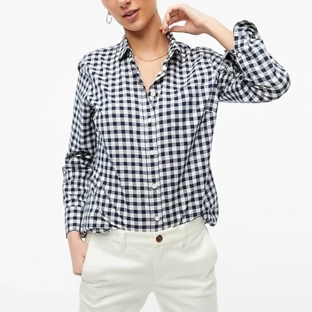 J. Crew Gingham Navy Blue White Button Down Shirt size XS